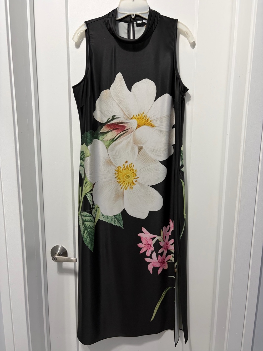 Karl Lagerfeld Black Sleeveless Midi Dress with White & Pink Floral Print